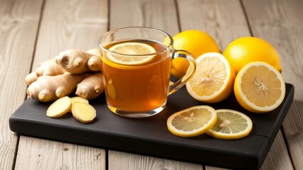 Fresh ginger tea served with lemon on a wooden table in afternoon light
