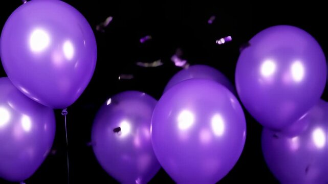 Purple balloons with confetti on a black background