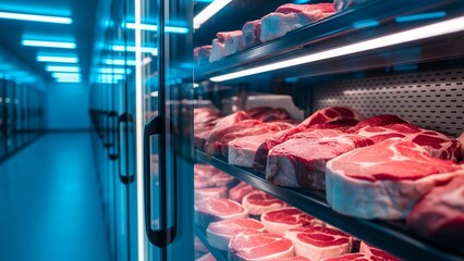 Refrigerated display of meat cuts in a modern store setting at night