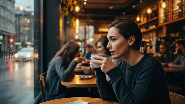 Cozy cafe ambiance: woman enjoys warm beverage on a rainy day