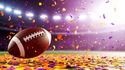 Football and confetti celebrate a big win at a night game under lights