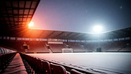 Snow covers the empty stadium with light glowing in the evening