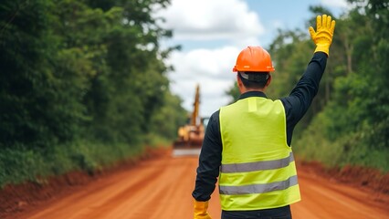 Construction worker signals on a dirt road in a forested area during the day