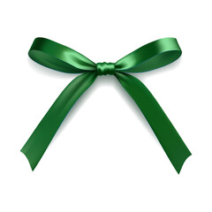 Realistic green satin ribbon bow with long tails isolated on white background for gift wrap packaging labels invitations and branding