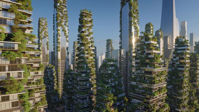 A cityscape with tall buildings and green trees. The buildings are designed. Next generation urban skyline, eco friendly architecture, integrated technology, city uncluttered modern composition