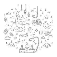 Fototapeta premium Hand-drawn Ramadan Icons: A collection of meticulously hand-drawn Ramadan icons, capturing the essence of the holy month with intricate detail and artistic flair.
