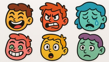 Obraz premium Colorful cartoon emotion faces depicting different feelings like happiness, anger, sadness and surprise, stickers isolated on white background
