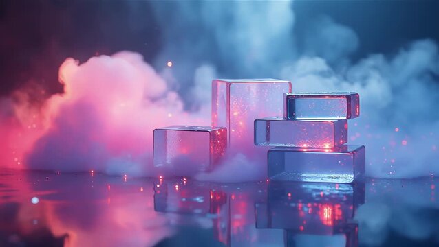Colorful Ice Blocks Surrounded by Smoke in a Vibrant Lighting Setup