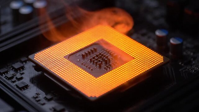  Overheating CPU A computer processor chip glowing intense orange and smoking, representing overheating 4k video