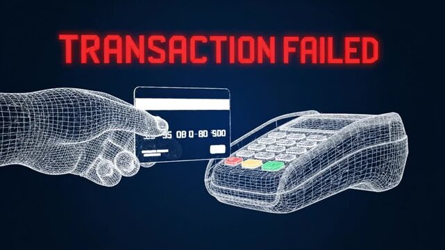  Payment Failed A wireframe hand swiping a virtual credit card through a reader, resulting in a flashing red TRANSACTION FAILED message 4k video