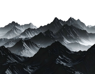 Moody, monochrome mountain range landscape with jagged peaks and shadows