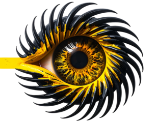 Digital art featuring a striking eye at the center of a spiral design
