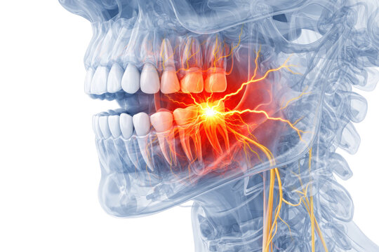 Human jaw and teeth anatomy with trigeminal nerve pain highlighted showing skull nerves and dental roots isolated on white background