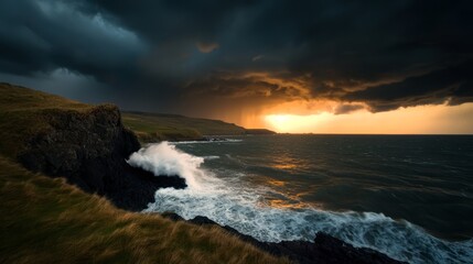 Obraz premium Stormy ocean waves crashing against rocky cliffs coastal landscape dramatic sunset view nature photography