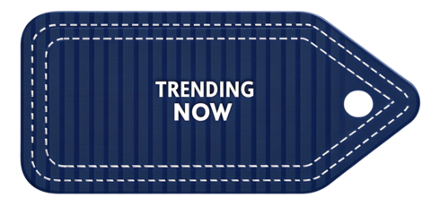 Blue trending now tag on white background isolated on a transparent background label