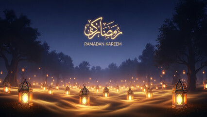 Magical floating lanterns in misty night forest with large copy space for Ramadan