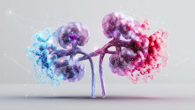 A pair of kidneys are shown in a 3D with a blue and red color scheme. Renal function analysis concept, transparent kidney form with gentle glow, test scientific yet minimal aesthetic, white background