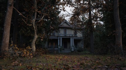 Eerie Mansion Surrounded by Autumn Woods at Dusk