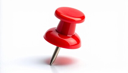 Single red pushpin angled on white background with metallic tip visible
