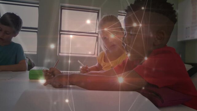 Student wearing red shirt in classroom raising hand, pointing at peer paper guiding with animation