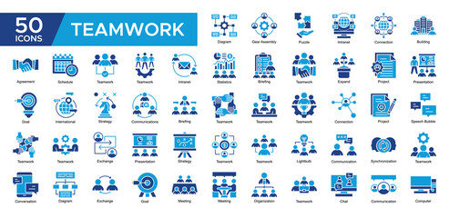 Teamwork collection set. Statistics, Supervised ,Teamwork, Project , Presentation, Strategy , Communications, Diagram, icon. Simple Dual Tone vector illustration