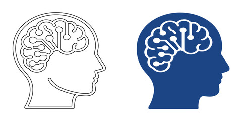 Artificial Intelligence Human Profile Icon - Digital Brain Neural Network and Cyber Intelligence Symbol