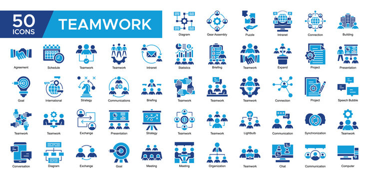 Teamwork collection set. Statistics, Supervised ,Teamwork, Project , Presentation, Strategy , Communications, Diagram, icon. Simple Dual Tone vector illustration