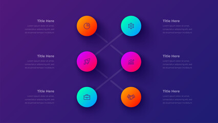 6 Steps Cross Process Infographic Diagram Presentation Template with Connected Options on Dark Purple Background