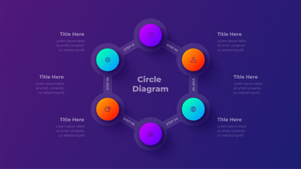 6 Steps Circle Process Infographic Diagram Presentation Template with Business Options on Dark Purple Background