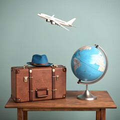 Brown suitcase beside blue globe symbolizes travel dreams