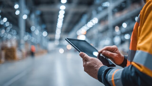 Logistics manager reviewing new transport routes on tablet in warehouse, concept of rerouting shipments and trade adaptation strategy, realistic industrial environmentogostext,logistics