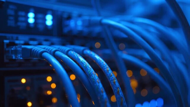 Data center cloud connection network router and switch. 4k seamless loop. f network devices with blinking lights with ports 4k