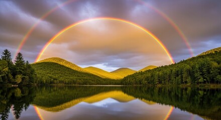 Majestic double rainbow gracefully arches over a tranquil forest lake, reflecting sunlit green hills and a dramatic cloudy sky, creating a breathtaking natural spectacle of light and color