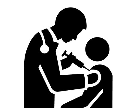 Simbol seorang dokter yang menyuntik pasien, gambar bergaya hitam putih, ilustrasi vektor.