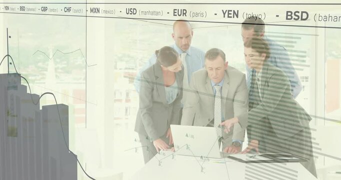 Finance overlay appearing, team leaning over laptop, woman pointing charts, reviewing data