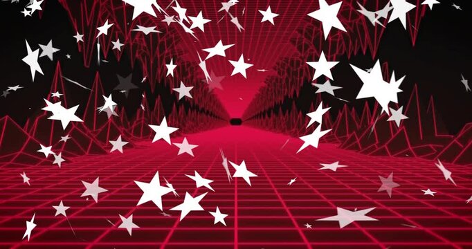 Emitter releasing white stars, streaming toward viewer through neon wireframe tunnel creating depth