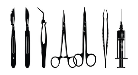medical instruments in a row including scalpel forceps and syringe silhouette high quality professional detailed modern