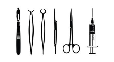 medical tools and syringe in a row silhouette high quality professional detailed modern elegant stylish clean
