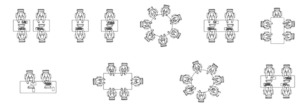 Top view office people CAD drawings, workers at desks, meetings, walking, professional architectural plan symbols, black outline only, vector &ndash; Premium Architectural CAD Vector Collection
