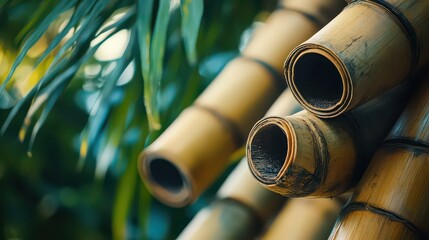 A close-up view of bamboo stalks in a lush tropical environment with green leaves