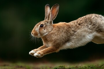 Obraz premium A common wild rabbit leaps gracefully over green moss, frozen in a powerful jump in its natural forest habitat.
