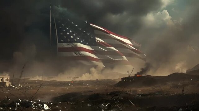 american flag waving over battlefield debris under storm sky