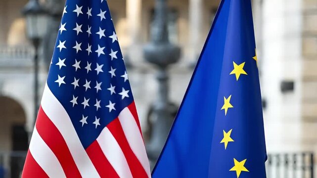 usa and european union flags against blurred city architecture