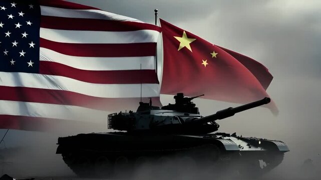 modern tank silhouette with usa and china flags on background