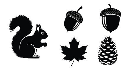 black and white illustration of a squirrel with acorns leaf and pinecone silhouette high quality professional © mrvect02