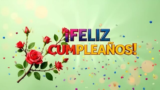 red roses branch on light green background with bokeh and bright spanish feliz cumpleanos text and confetti