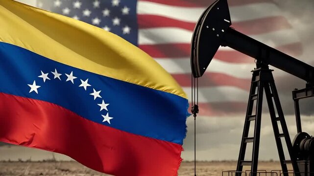 venezuela flag waving with an oil pump jack in a desert field and usa flag ghosted in the sky representing oil industry politics