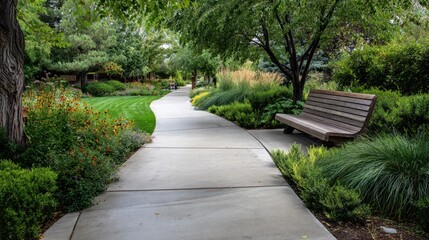 Sunlit garden path with shrubs, hedges and a manicured lawn