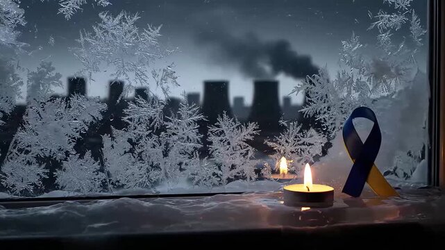burning candles and a blue and yellow ribbon on a frozen window with a view of smoking power plant chimneys remind of the difficulties of winter in ukraine and the resilience of people