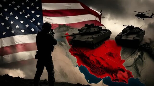 soldier silhouette with us flag and iran map military tech